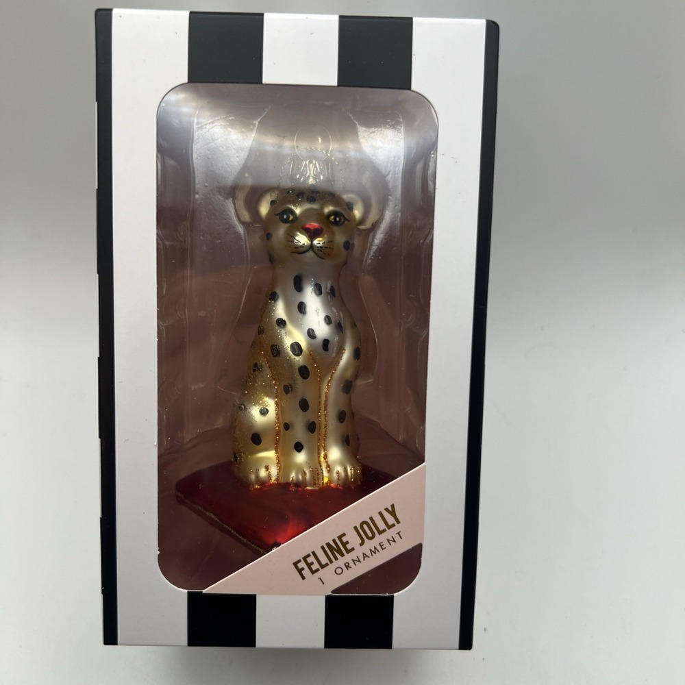 8 Oak Lane Christmas Spotted Leopard Blown Glass "Feline Jolly" Ornament NIB